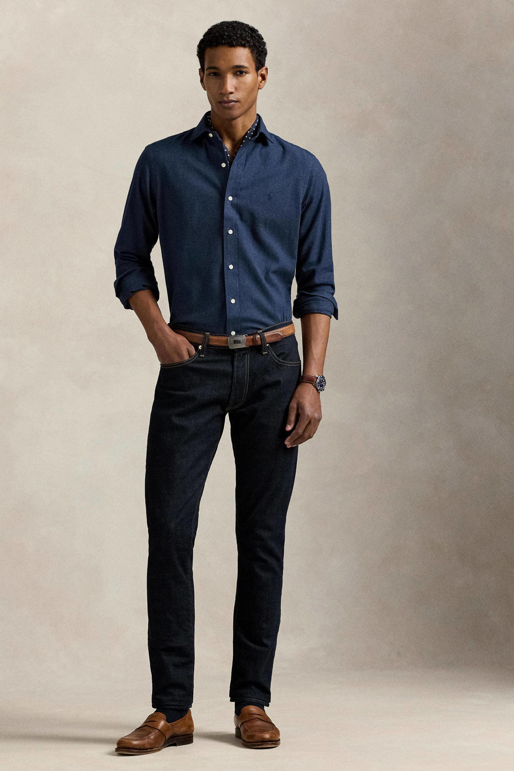 Donkerblauwe heren Polo Ralph Lauren regular casual overhemd van katoen met melée print, lange mouwen, widespread hals en knoopsluiting