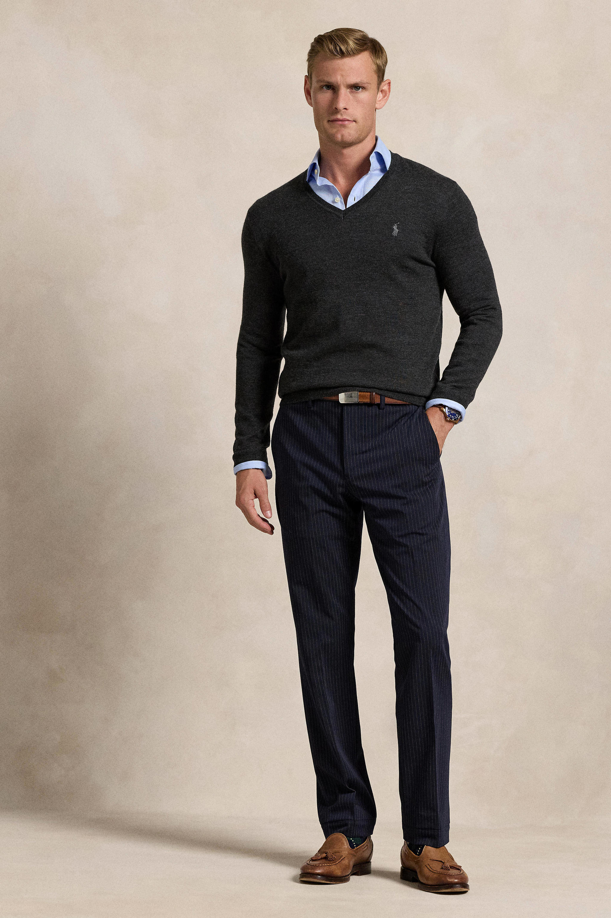 Heren 2-in-1 hemd kraag pullover lange mouwen fijn gebreid casual