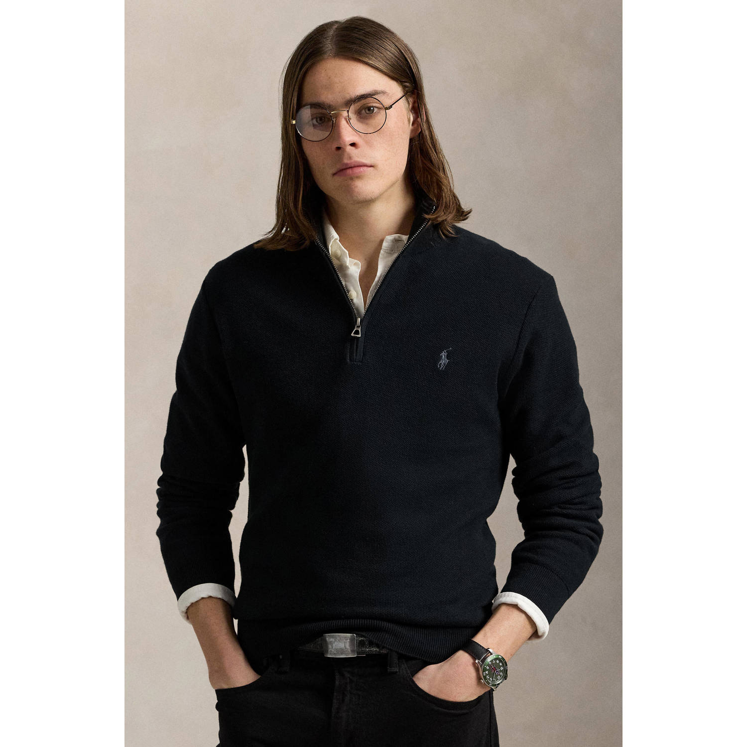 Polo Ralph Lauren Mesh-Gebreide Katoen Quarter-Zip Sweater Black Heren