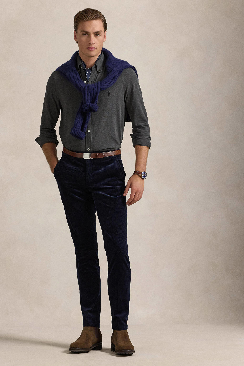 Grijze heren Polo Ralph Lauren casual overhemd van katoen met melée print, lange mouwen, button down sluiting en knoopsluiting