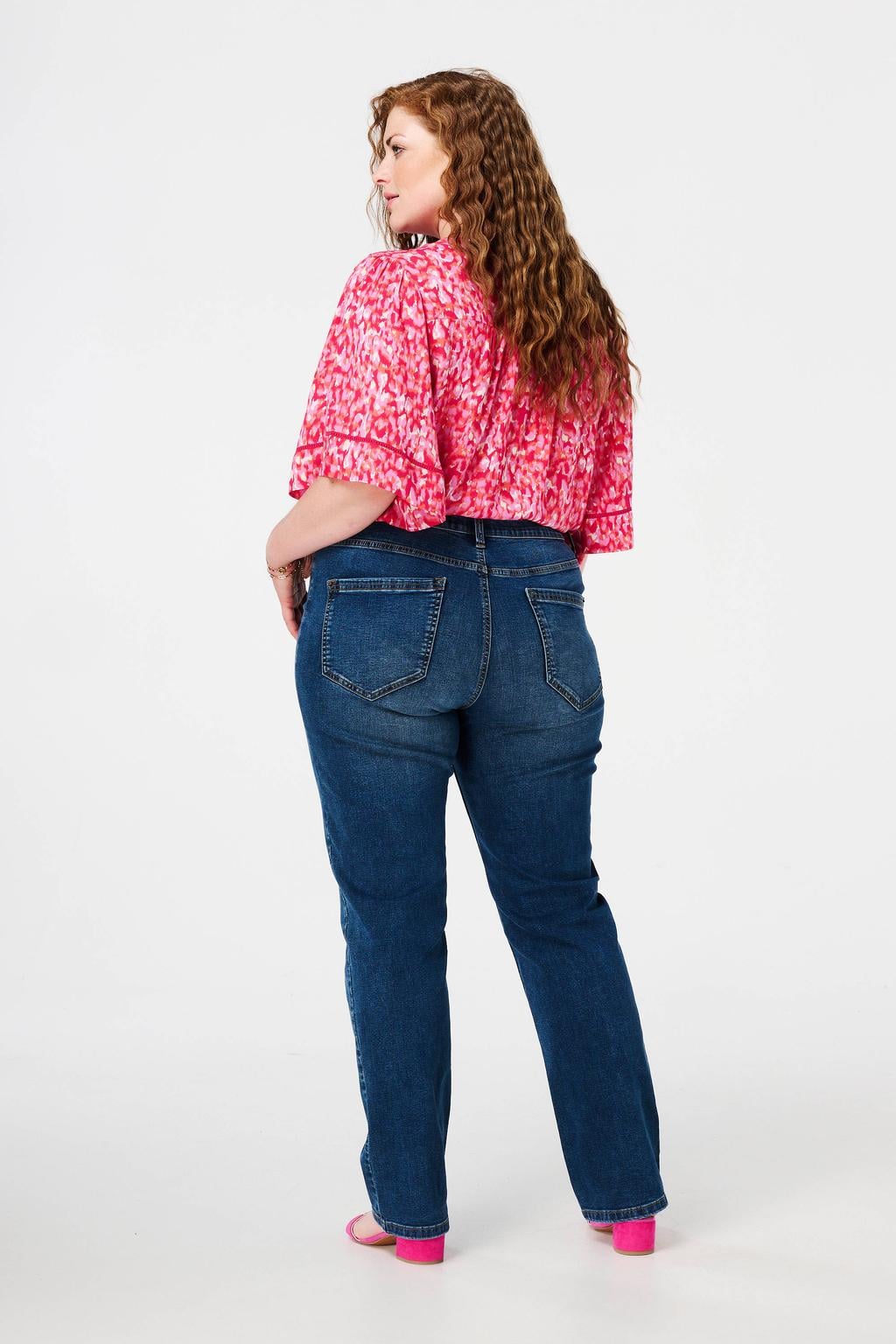 Dark blue denim dames MS Mode straight leg jeans dark blue van denim met rits- en knoopsluiting en effen
