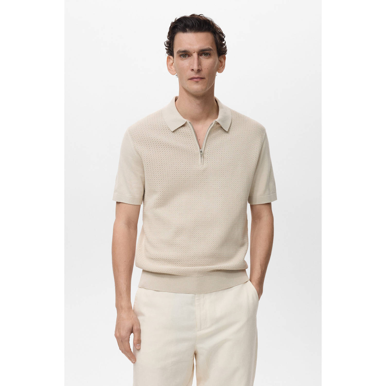 Mango Man regular polo met ingebreid patroon ecru