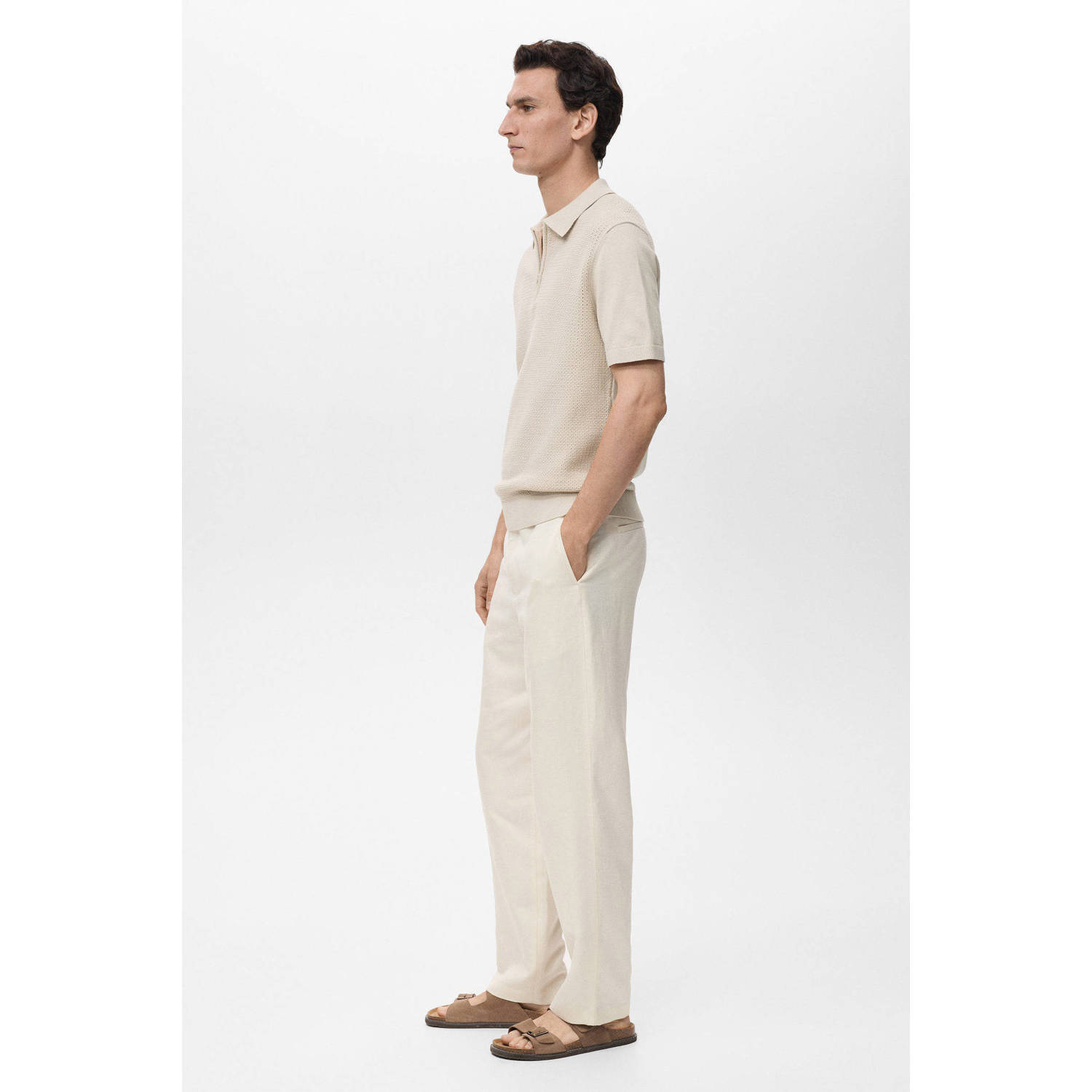Mango Man regular polo met ingebreid patroon ecru