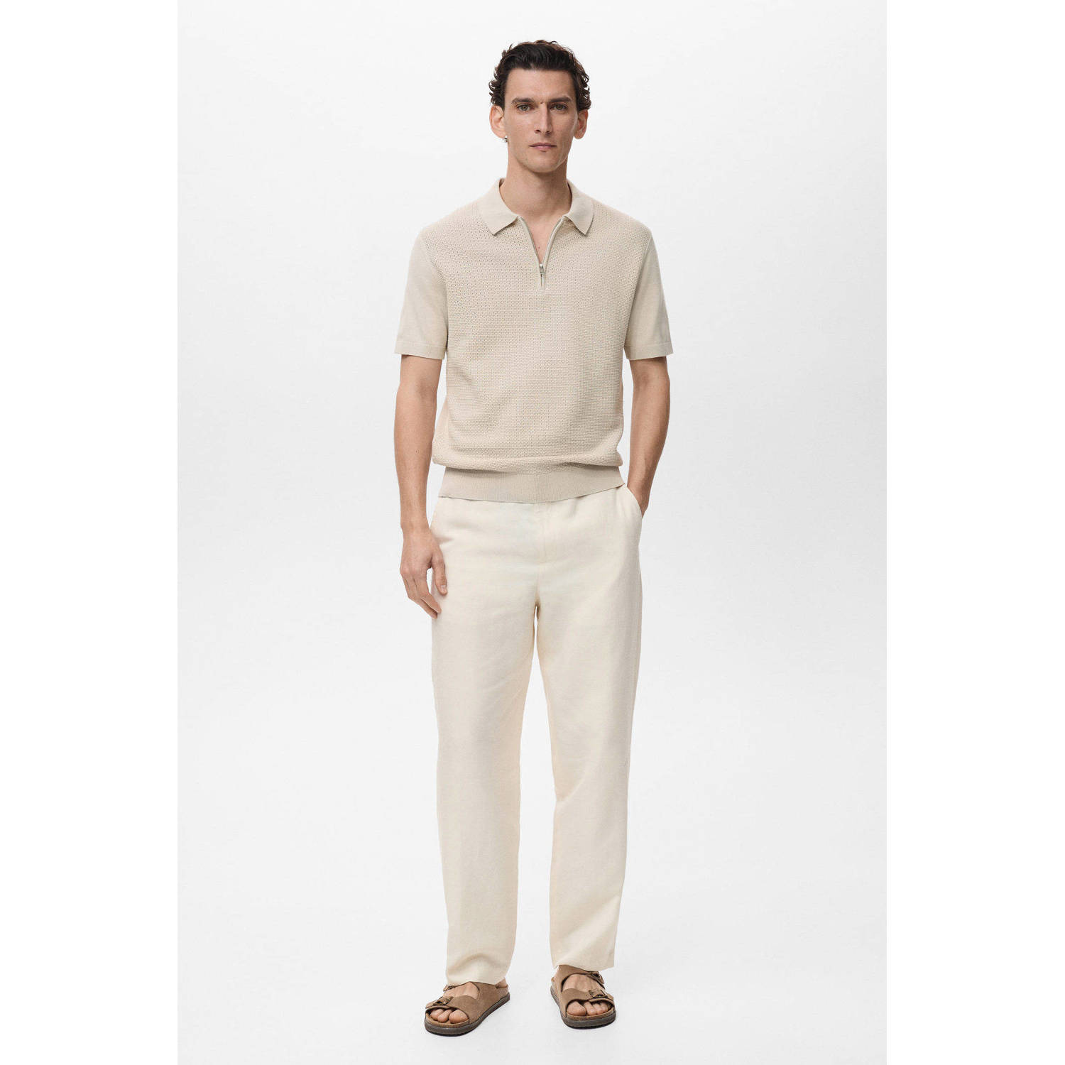Mango Man regular polo met ingebreid patroon ecru