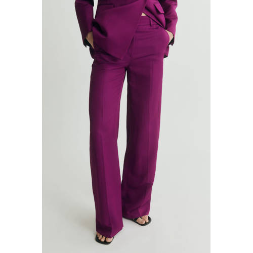 Mango linnen wide leg regular waist pantalon aubergine afbeelding