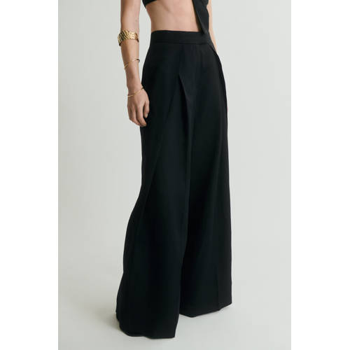 Mango linnen wide leg regular waist broek zwart afbeelding