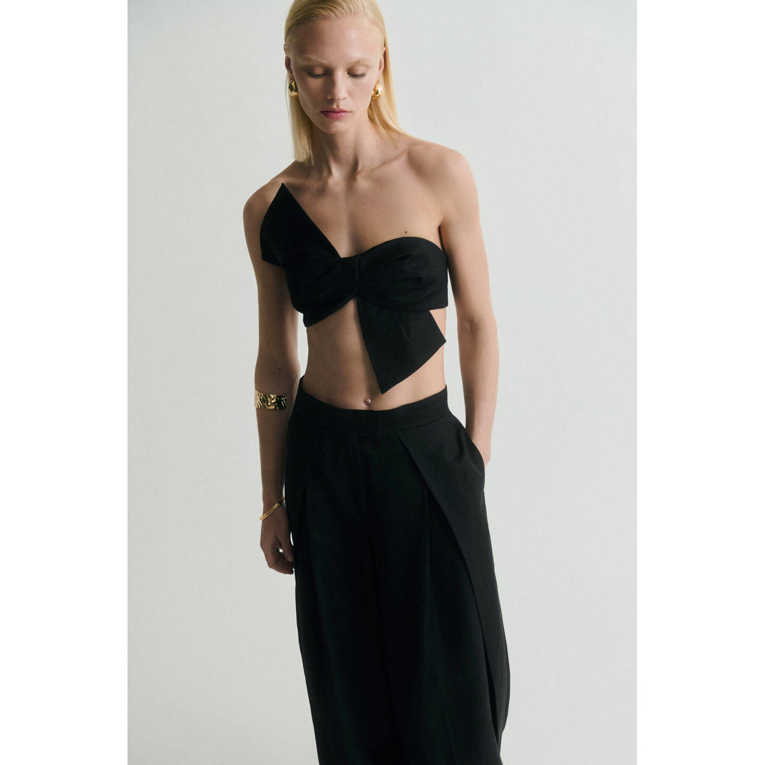 Mango linnen wide leg regular waist broek zwart