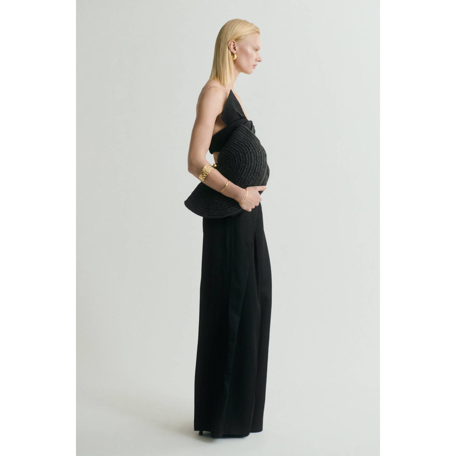 Mango linnen wide leg regular waist broek zwart