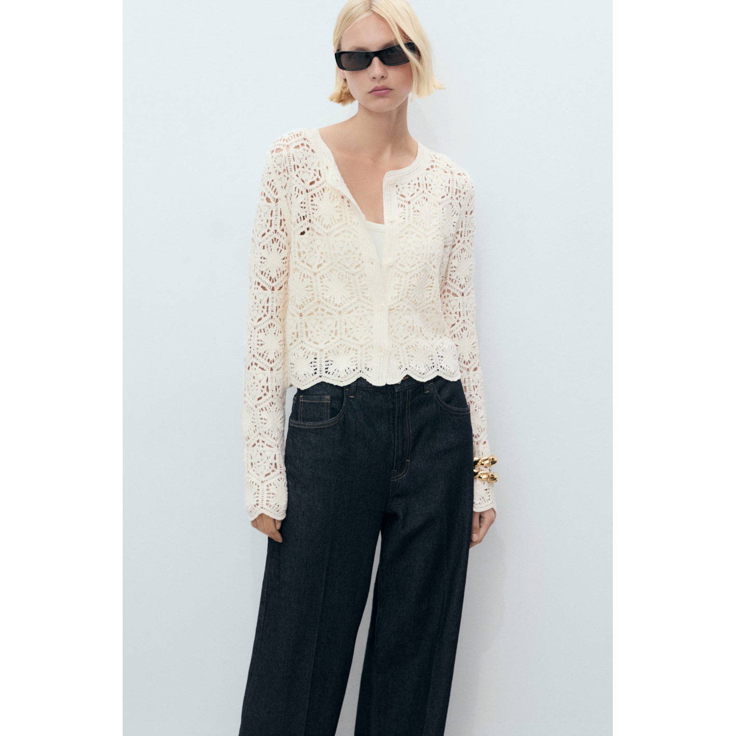 Mango gebreid vest ecru crochet