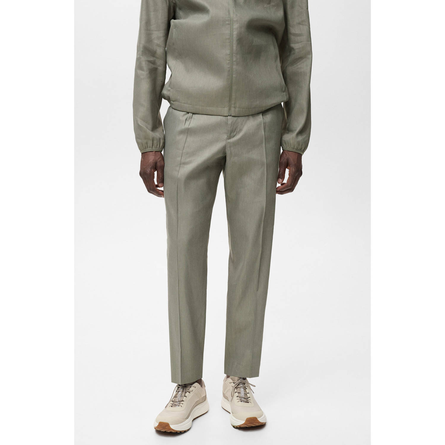 Mango Man linnen straight pantalon grijsgroen