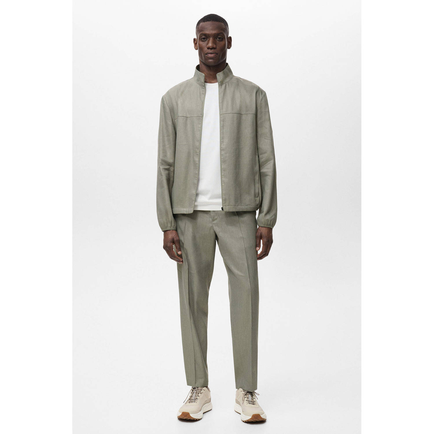Mango Man linnen straight pantalon grijsgroen