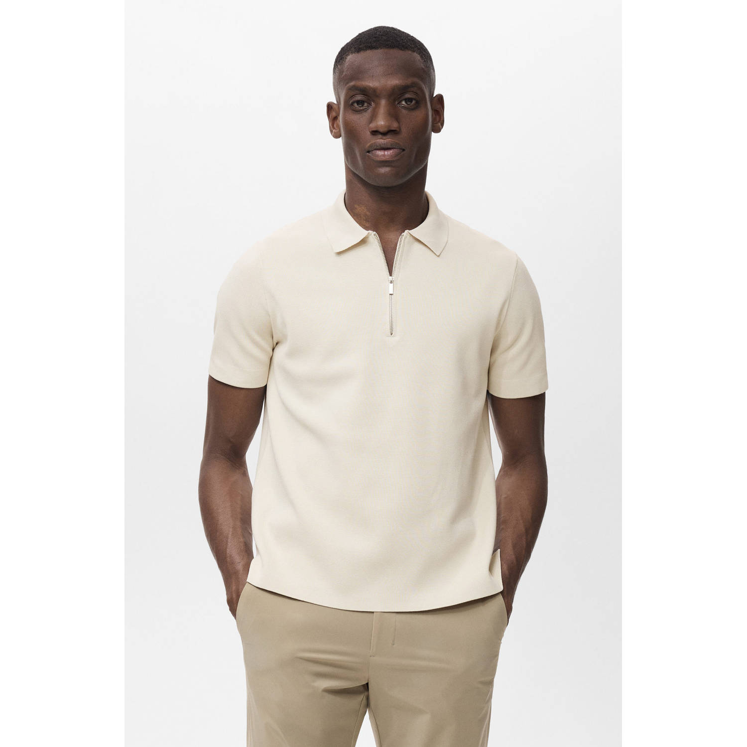 Mango Man regular polo fijn gebreid ecru