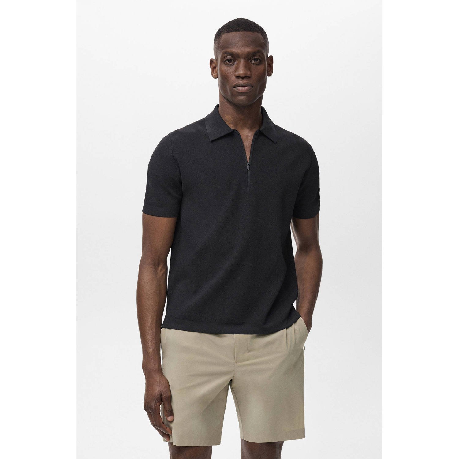 Mango Man regular polo fijn gebreid zwart