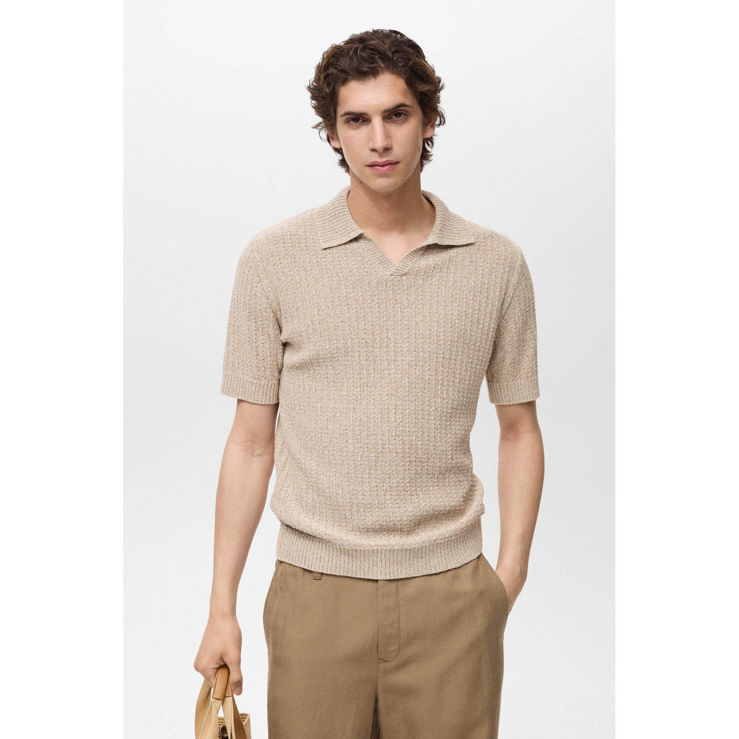 Mango Man regular polo grof gebreid beige