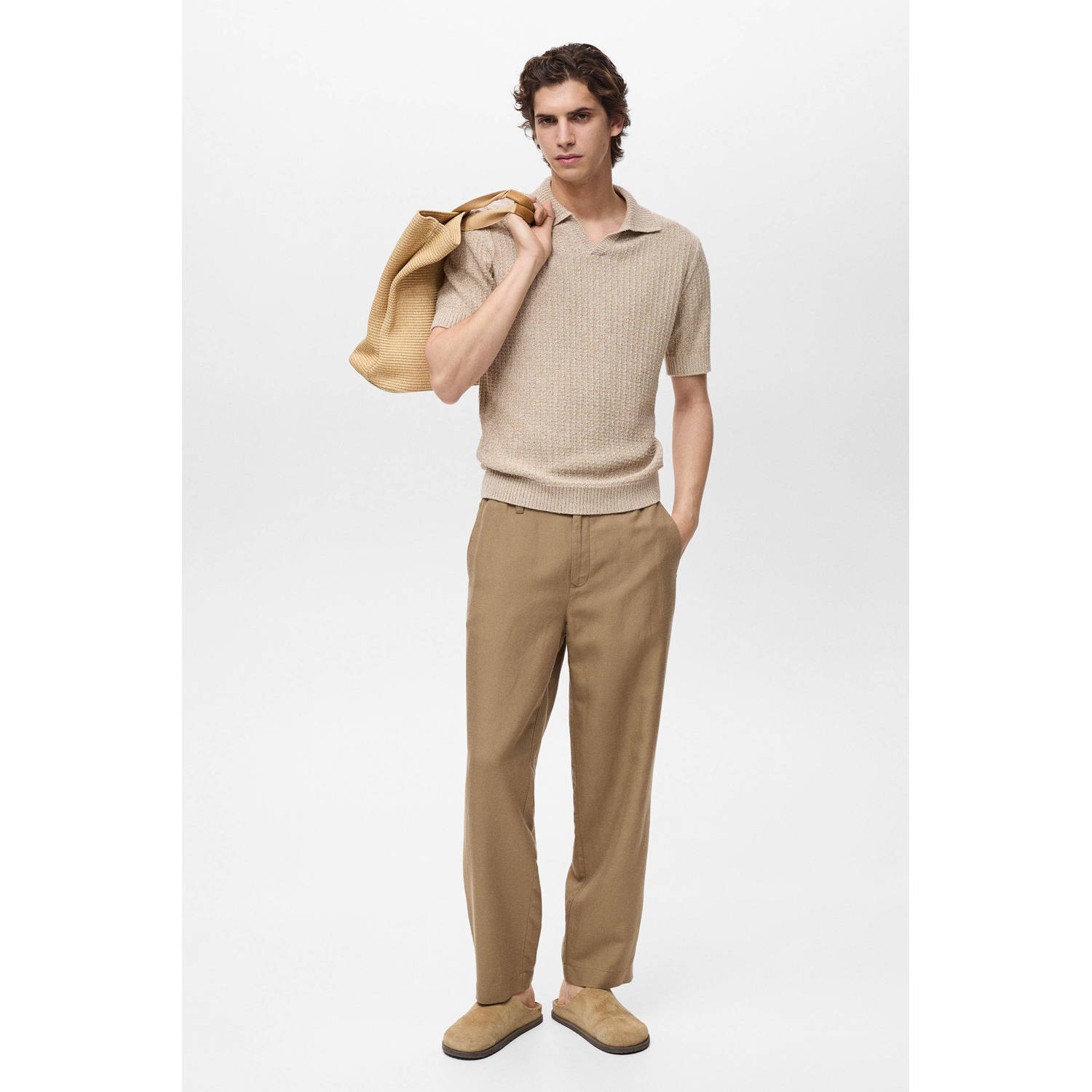 Mango Man regular polo grof gebreid beige