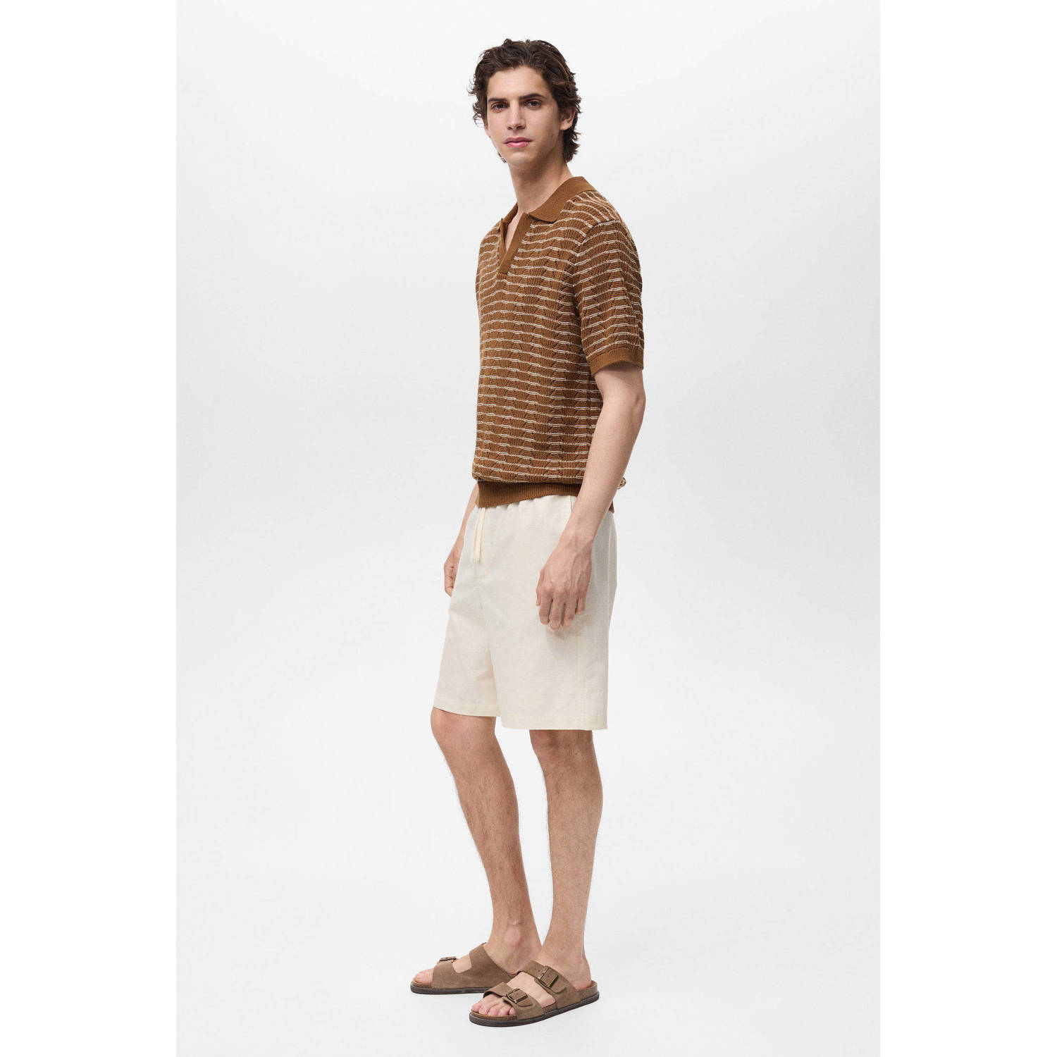 Mango Man regular polo met ingebreid patroon bruin