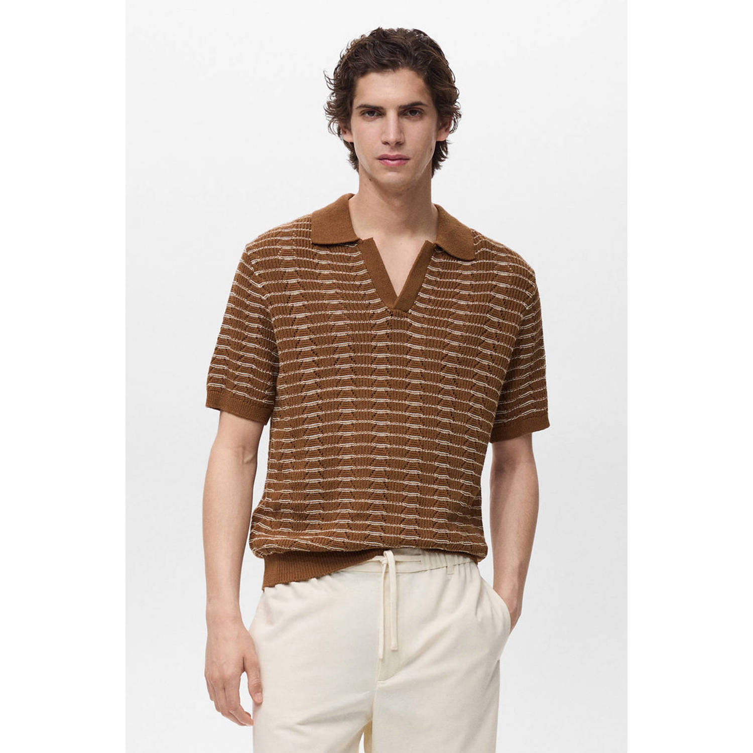 Mango Man regular polo met ingebreid patroon bruin