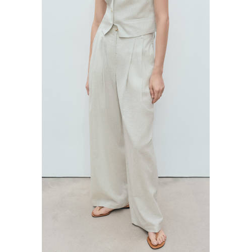 Mango linnen wide leg high waist broek ecru afbeelding