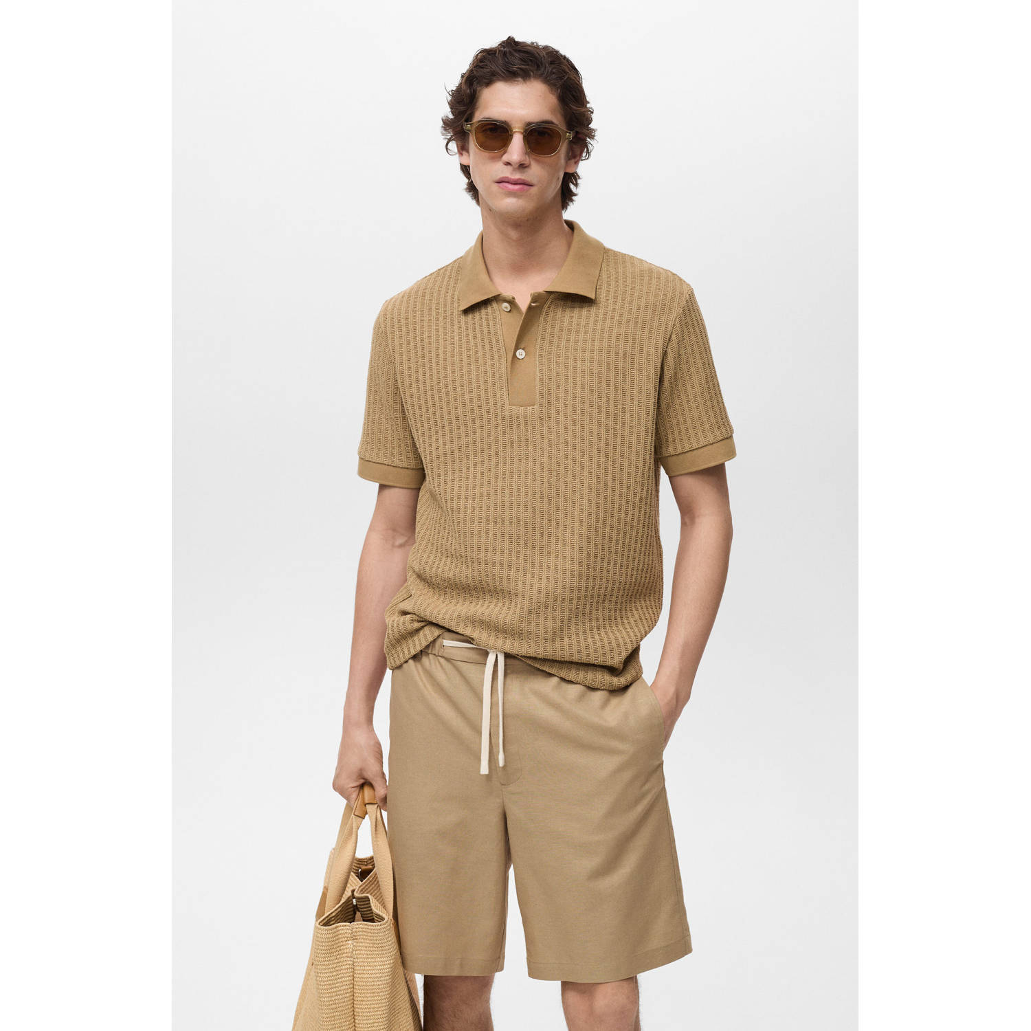 Mango Man relaxed polo grof gebreid lichtbruin