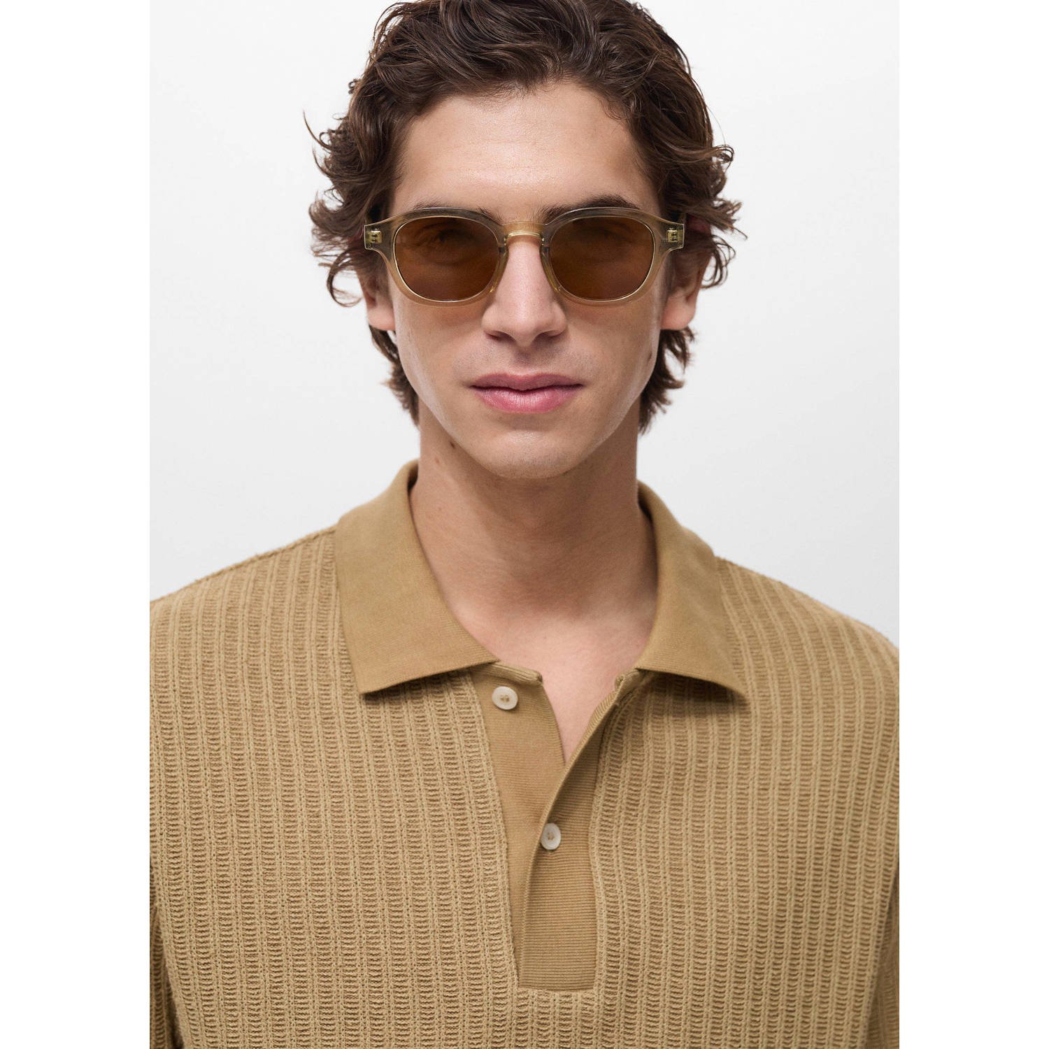 Mango Man relaxed polo grof gebreid lichtbruin