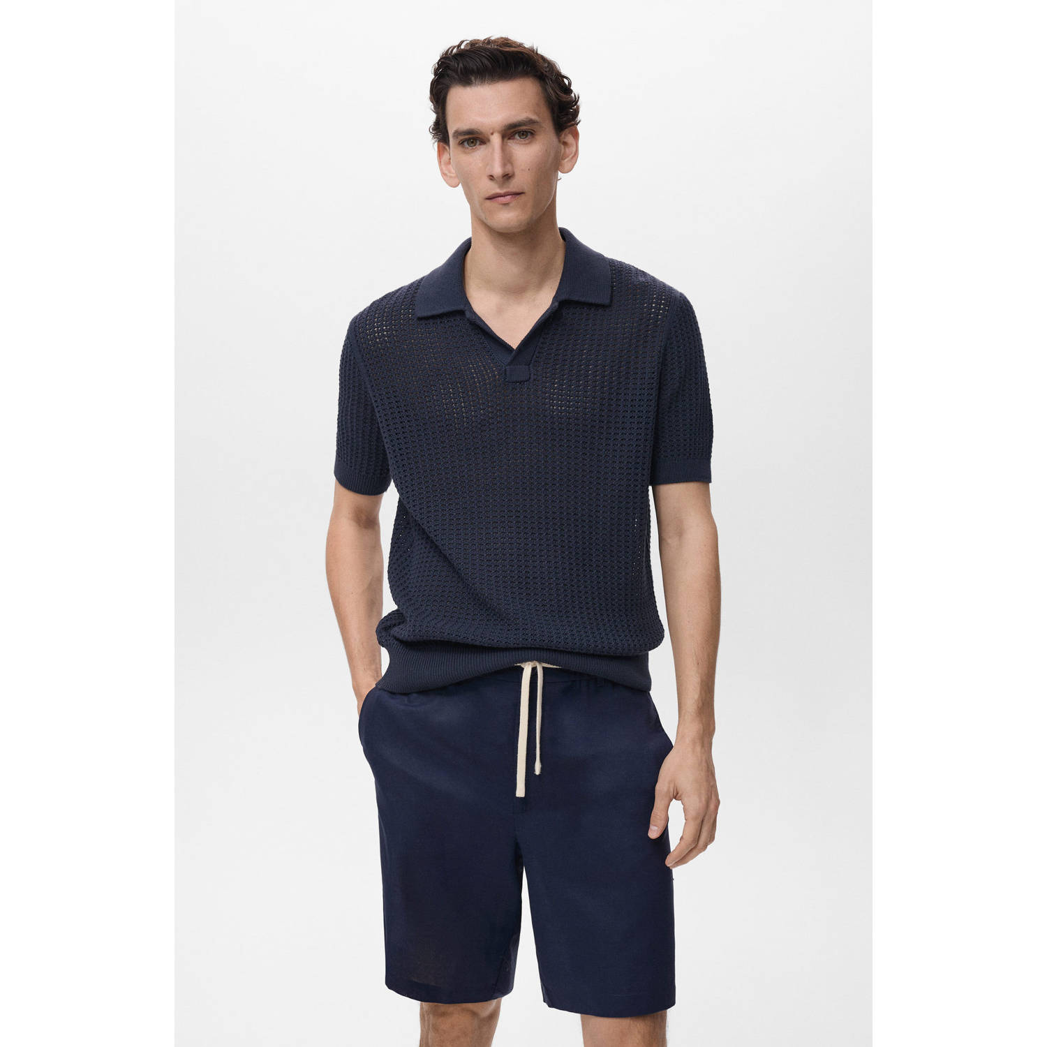 Mango Man loose polo grof gebreid donkerblauw