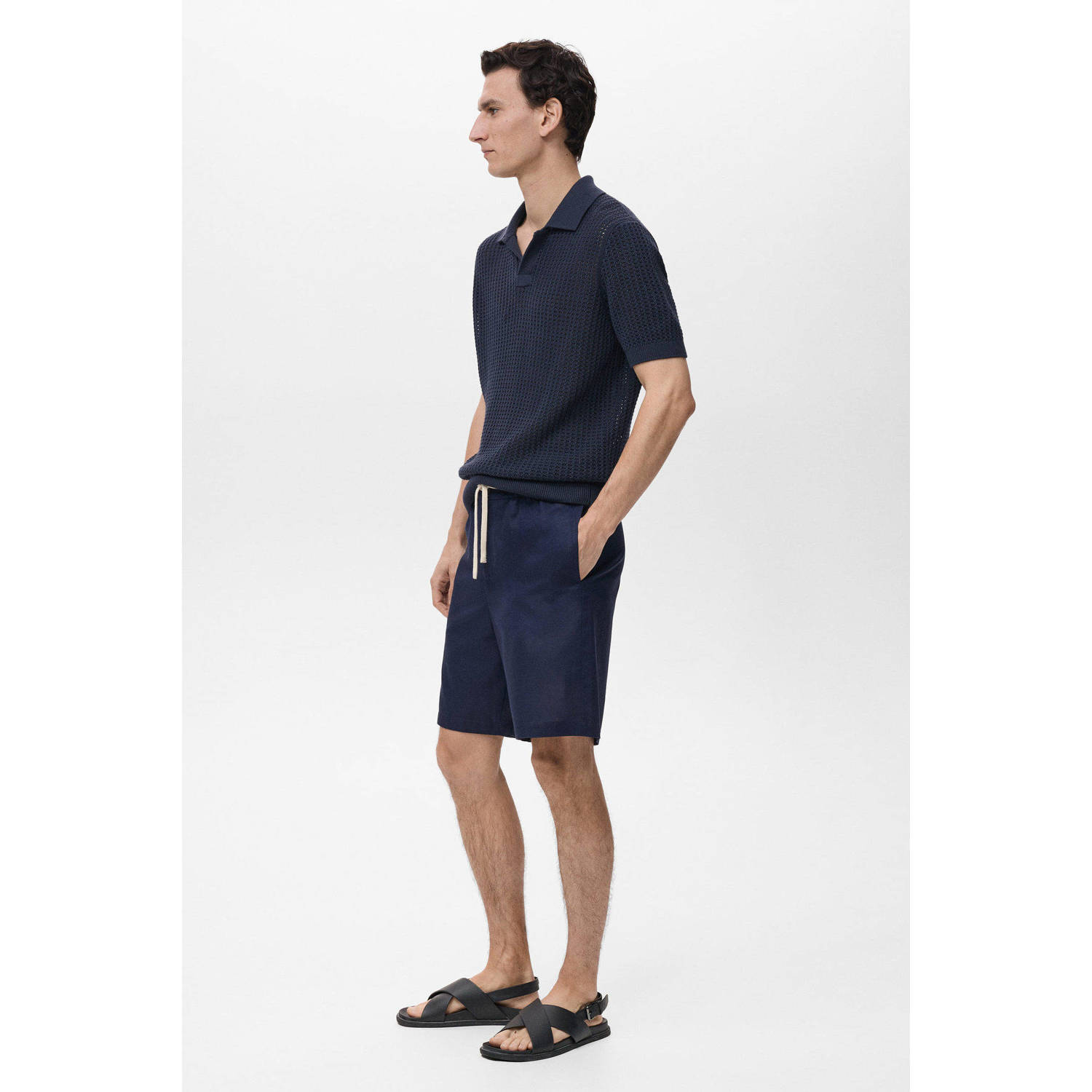 Mango Man loose polo grof gebreid donkerblauw
