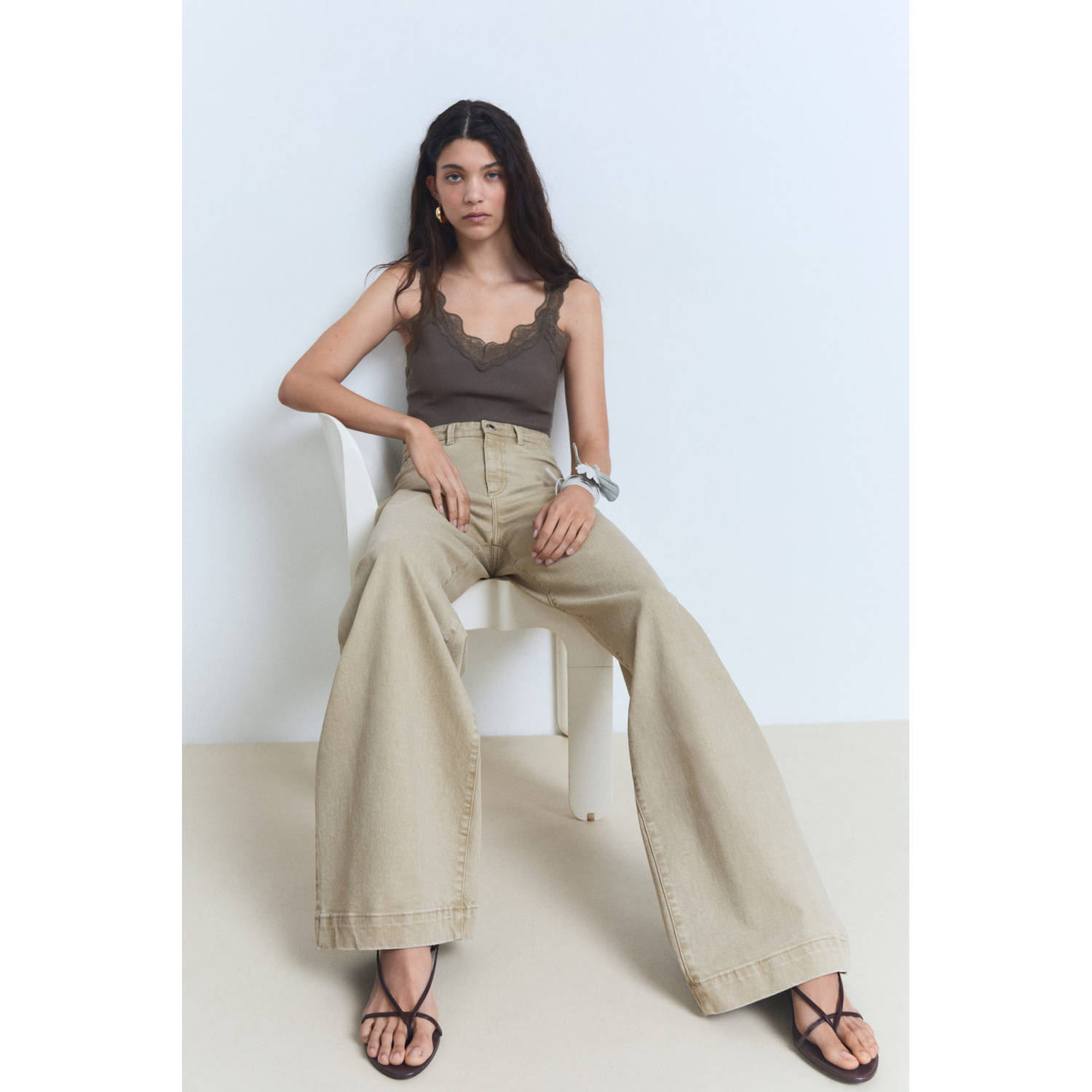 Mango high waist wide leg jeans lichtkaki