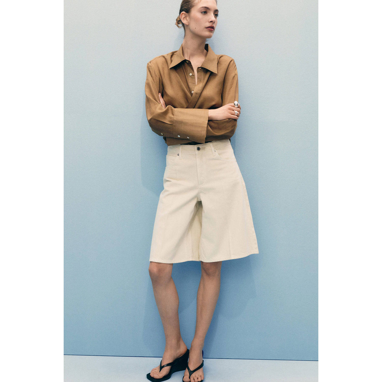 Mango denim wide leg regular waist short beige
