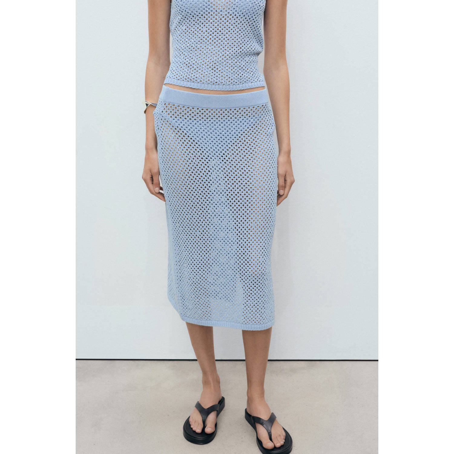Mango midi rok crochet blauw