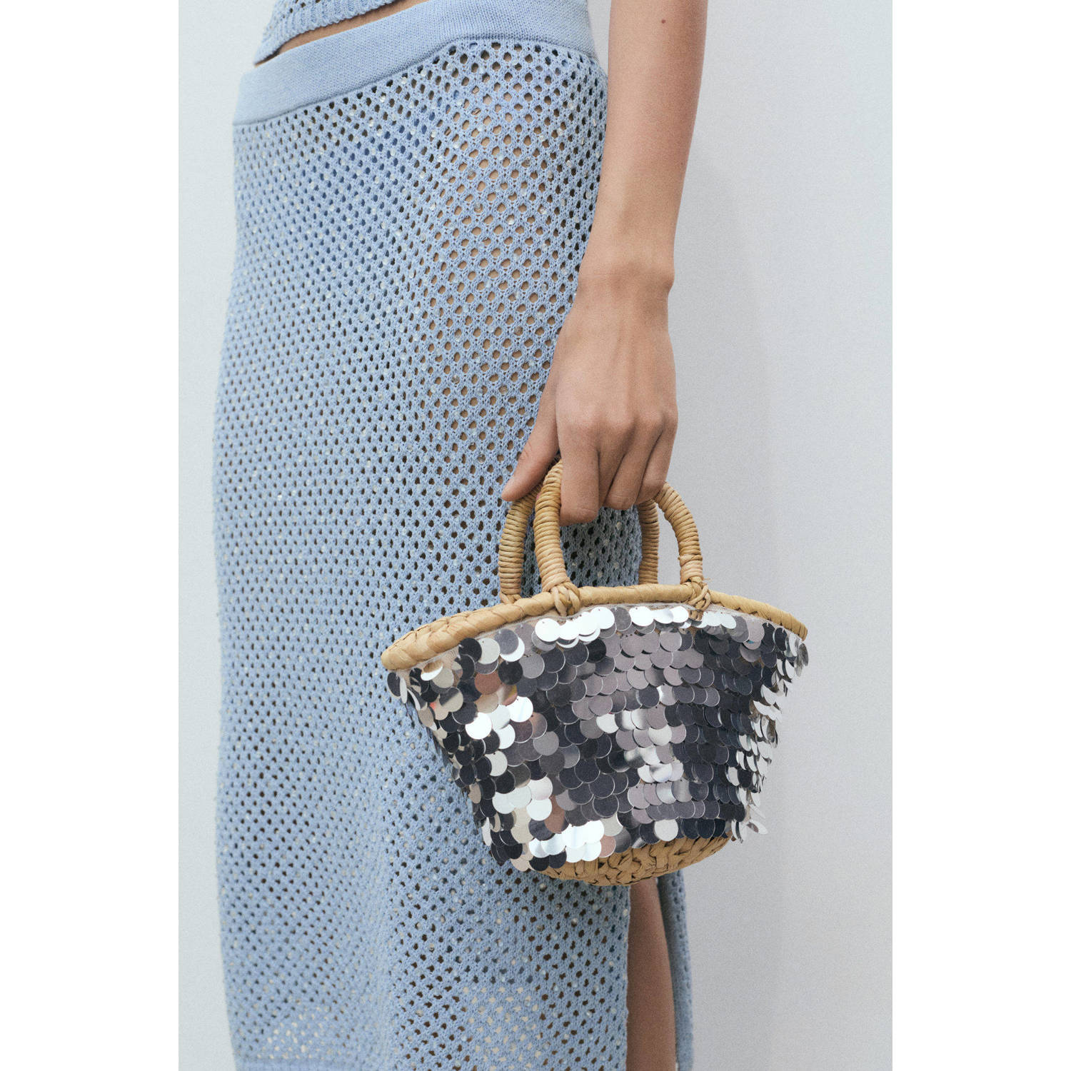 Mango midi rok crochet blauw