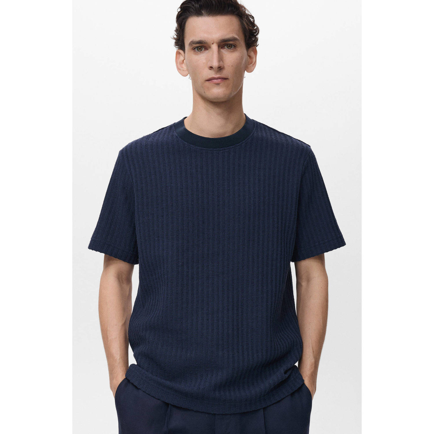 Mango Man T-shirt grof gebreid donkerblauw