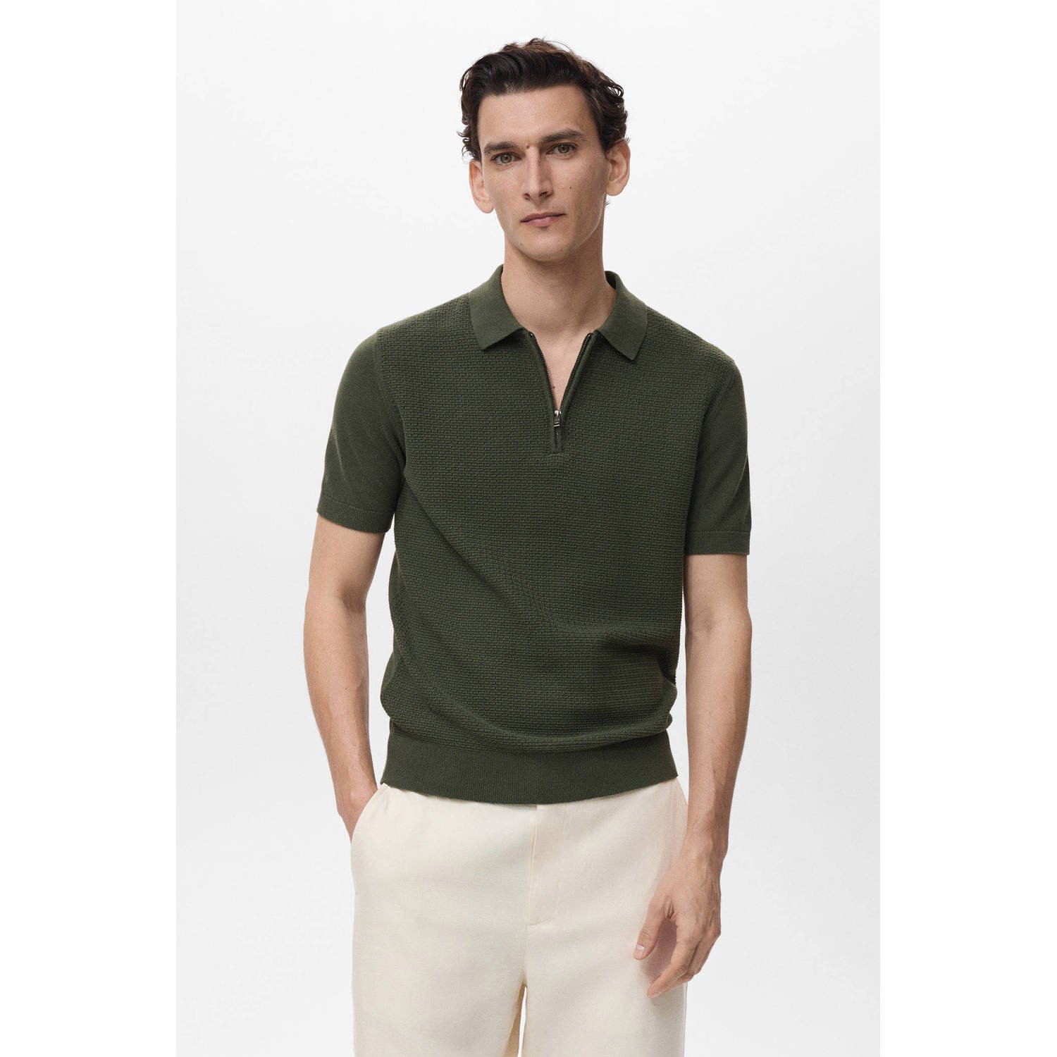 Mango Man regular polo met ingebreid patroon donkergroen