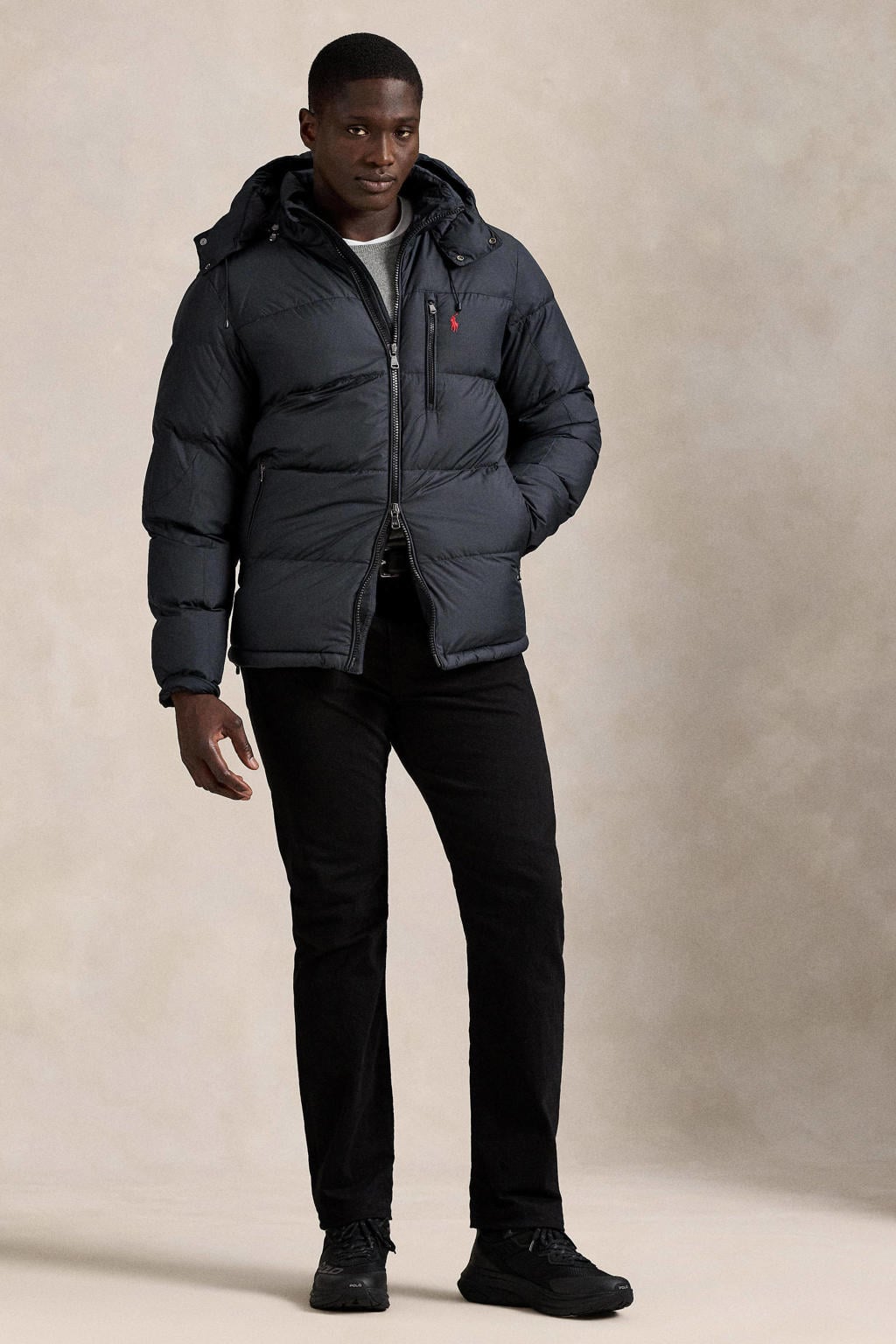 Zwarte heren Polo Ralph Lauren Big & Tall gewatteerde jas van polyester met effen, lange mouwen, capuchon en 2-way rits