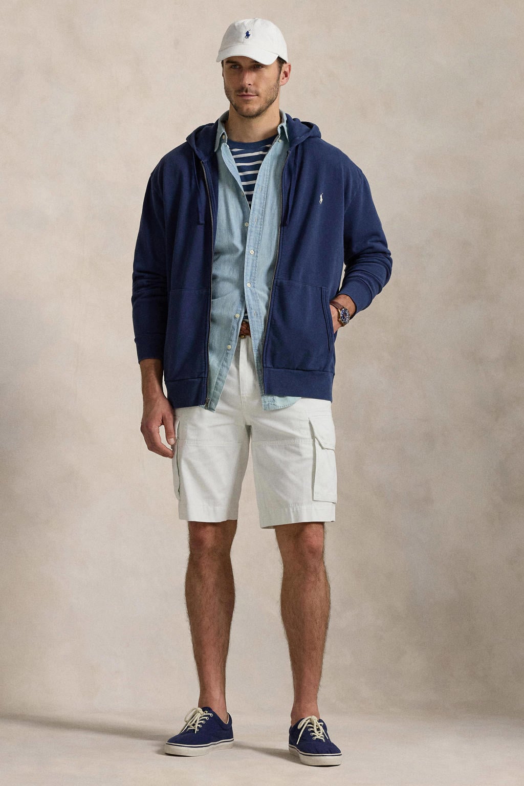 Donkerblauwe heren Polo Ralph Lauren Big & Tall sweatvest met effen, lange mouwen en capuchon