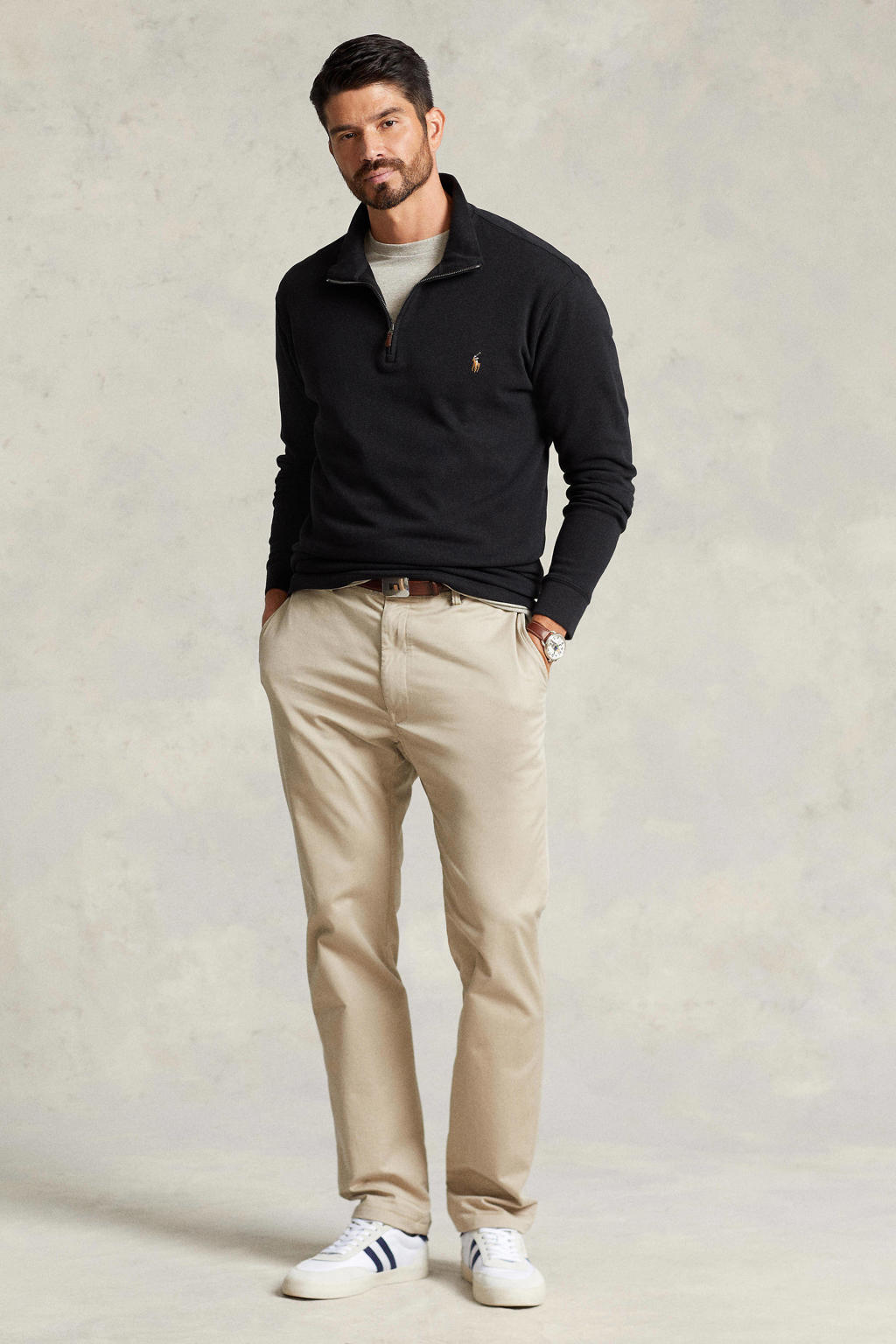 Zwarte heren Polo Ralph Lauren Big & Tall sweater met effen, lange mouwen, opstaande kraag en halve rits
