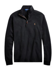 thumbnail: Zwarte heren POLO Ralph Lauren Big & Tall sweater van katoen met effen, lange mouwen, opstaande kraag en halve rits