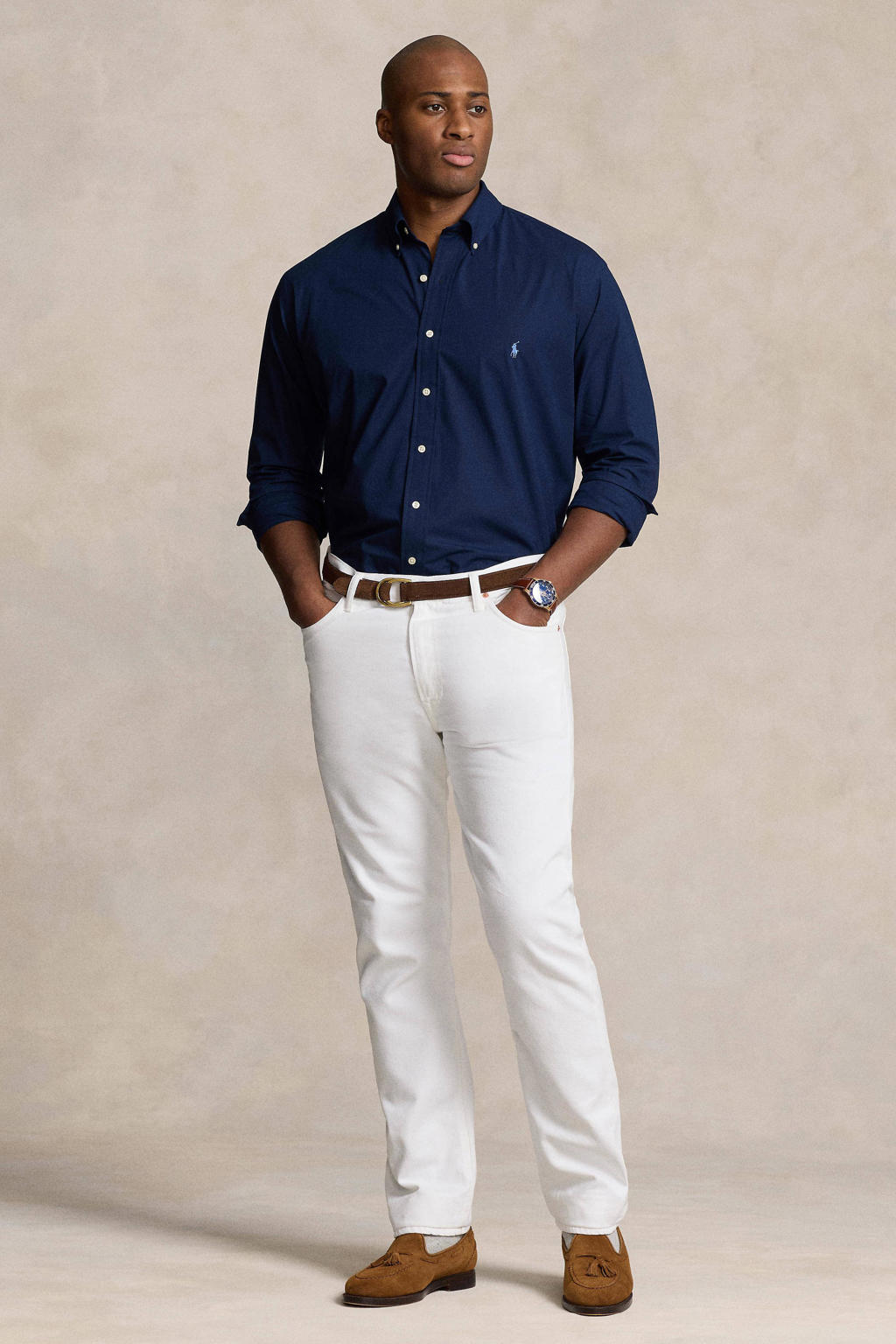 Donkerblauwe heren Polo Ralph Lauren Big & Tall casual overhemd van stretchkatoen met effen, lange mouwen en button down sluiting