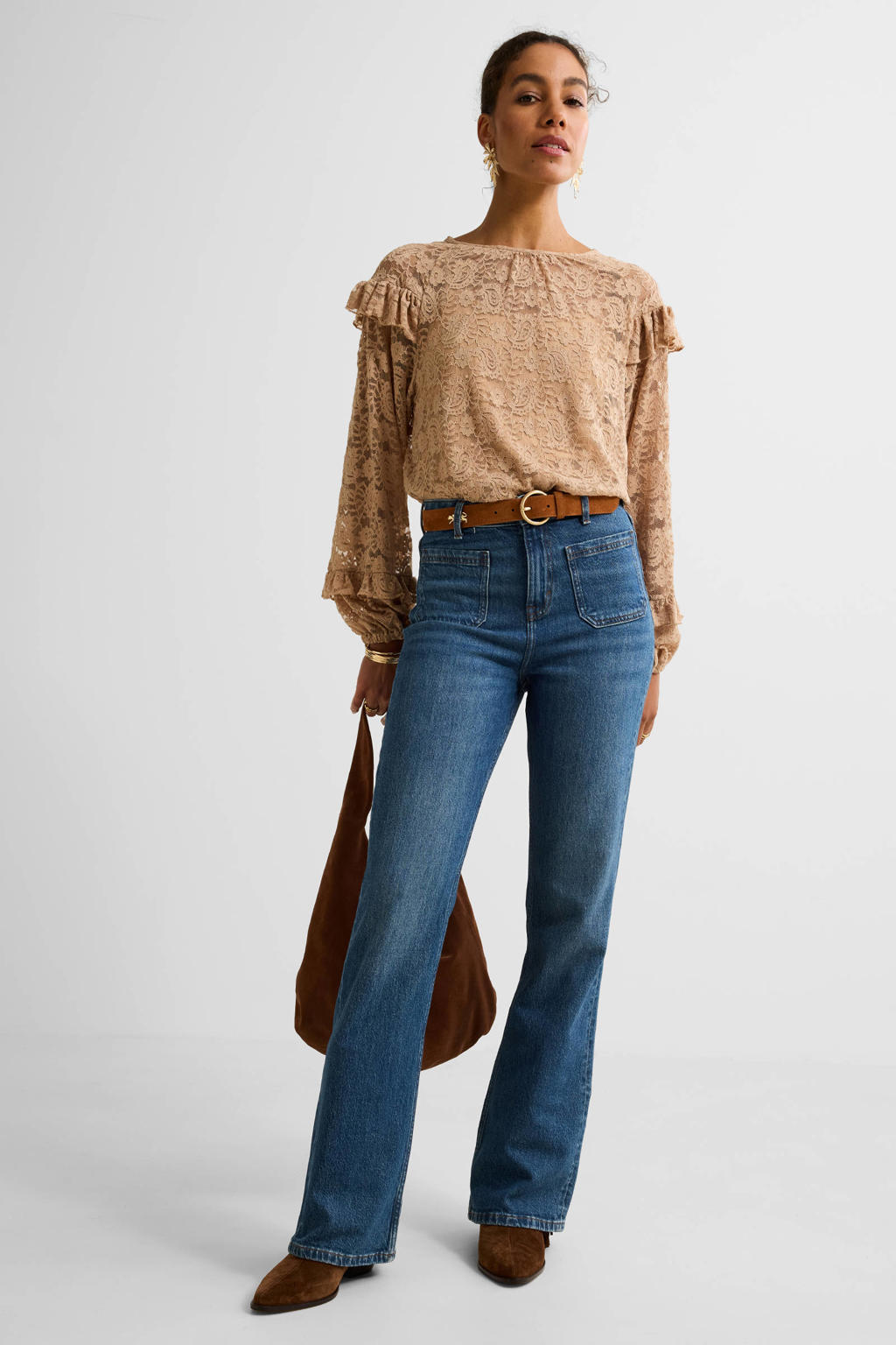 Lichtbruine dames Ruby kanten blouse van nylon met effen, lange mouwen en ronde hals