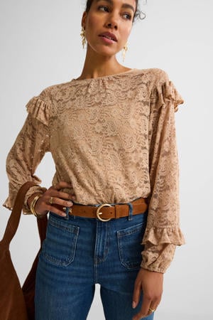 kanten blouse met ruches lichtbruin