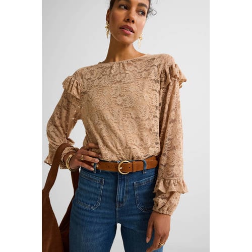 Ruby kanten blouse met ruches lichtbruin afbeelding