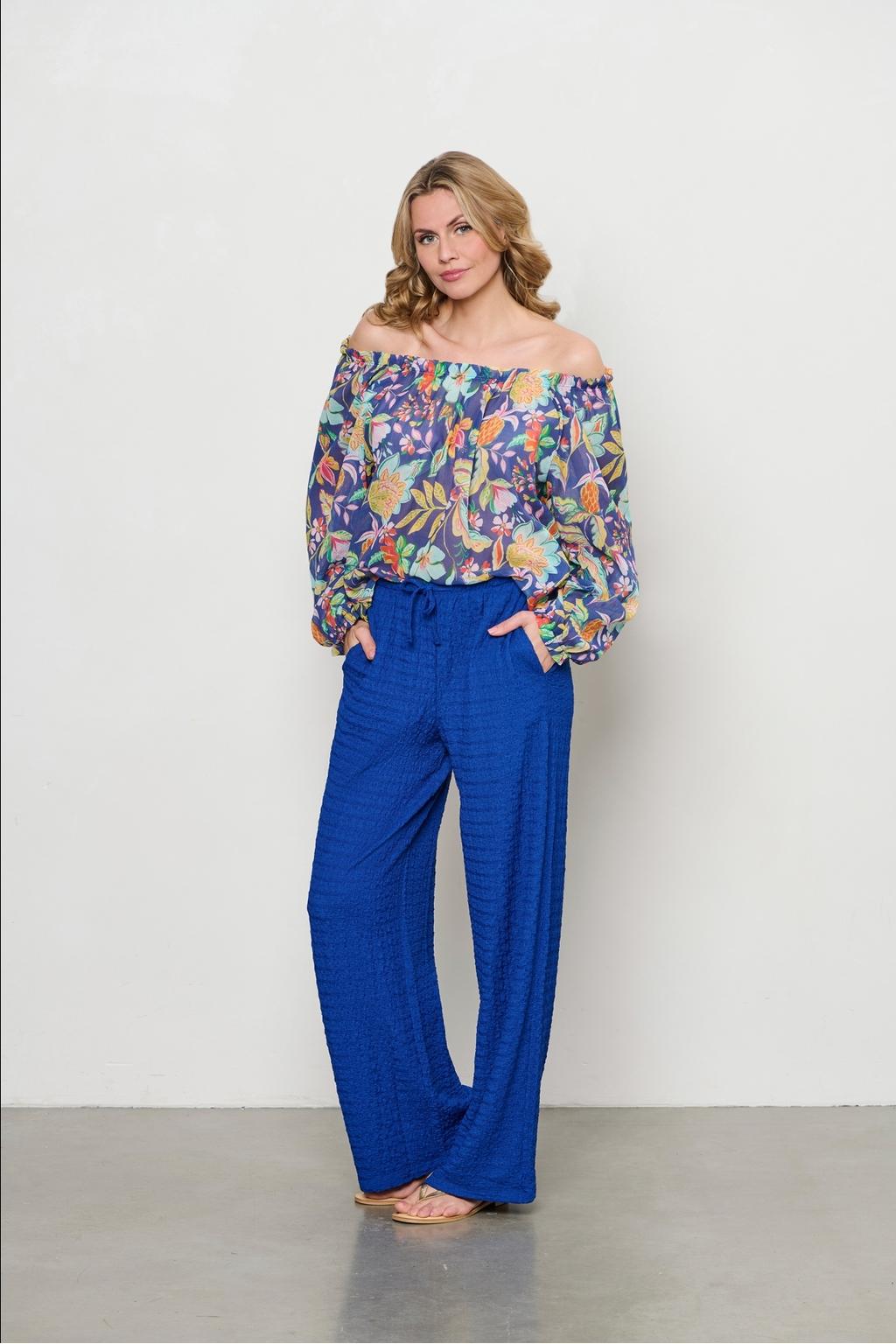 Blauwe dames &Co Woman wide leg regular waist casual broek met effen