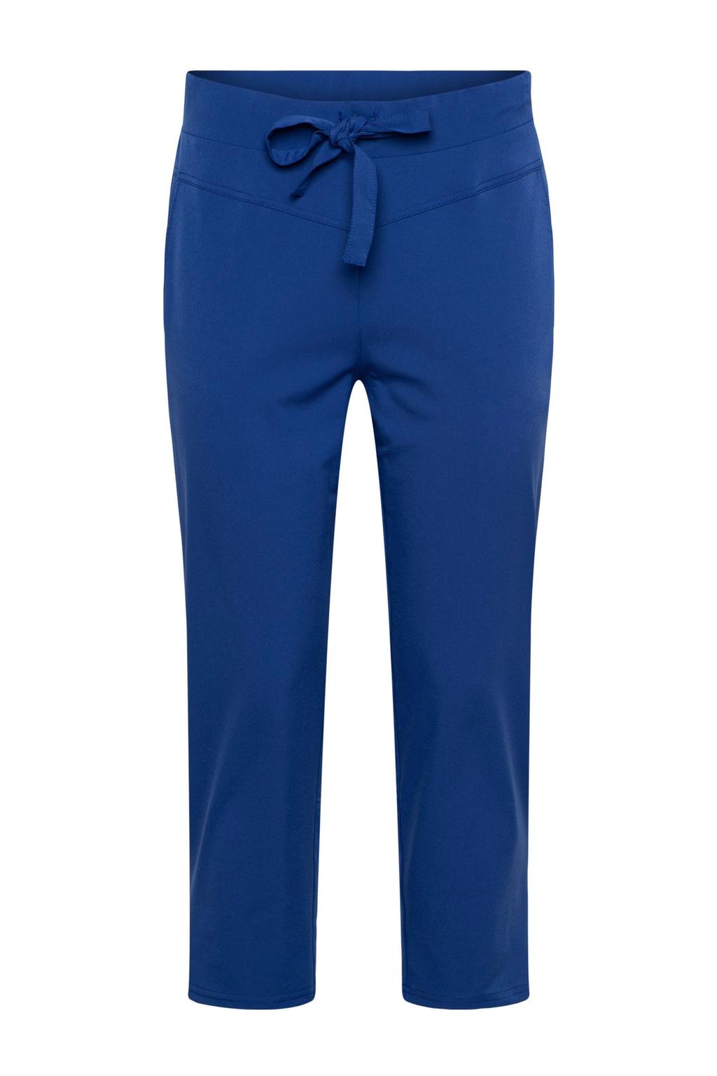 Donkerblauwe dames &Co Woman straight high waist casual broek van polyamide met elastische tailleband met koord en effen