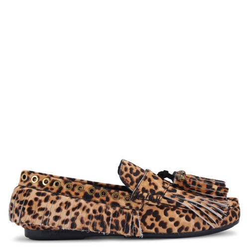 Kurt Geiger Tassel fringe mocassins met ponyhair en panterprint cognac/bruin afbeelding