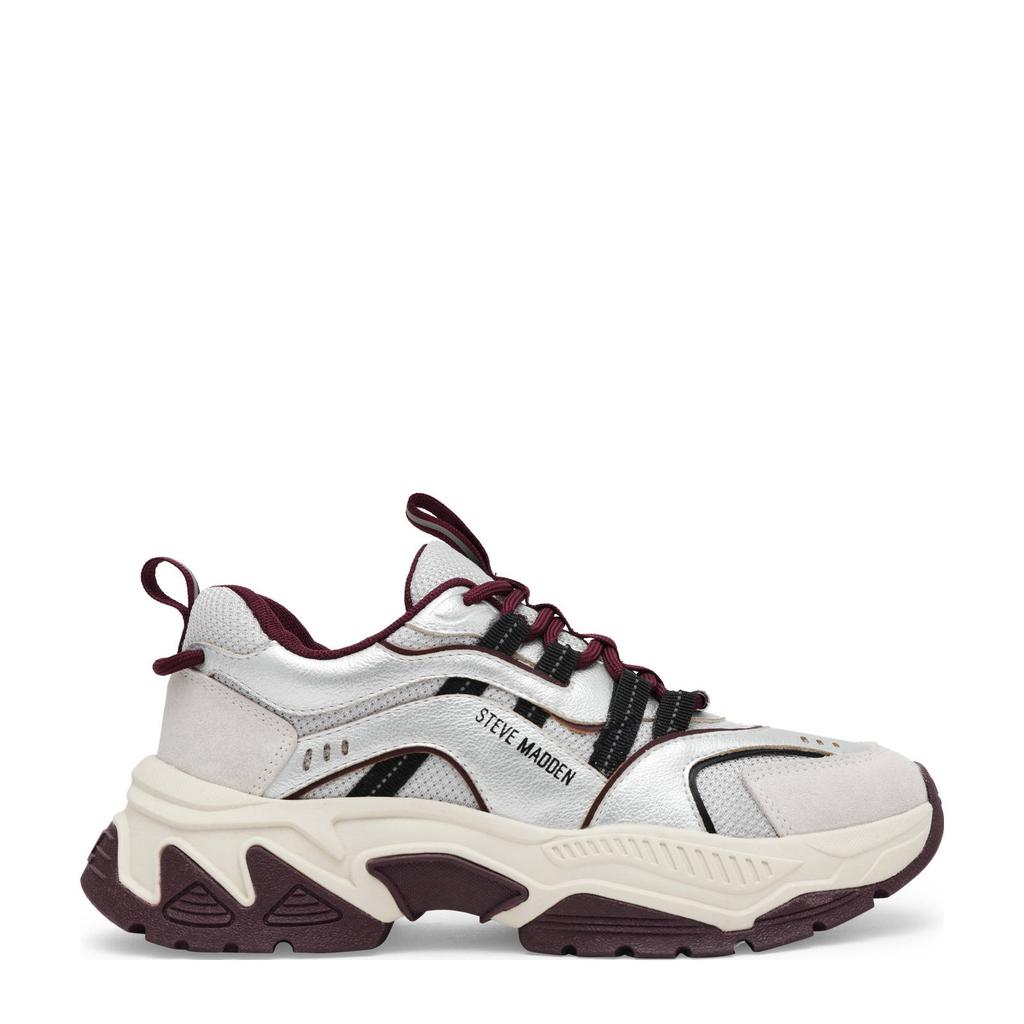 Donkerrood en grijze dames Steve Madden Animates-E chunky sneakers van suède en textiel met veters