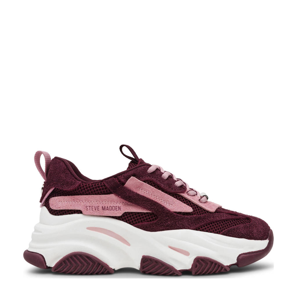 Aubergine en roze dames Steve Madden Possesion-E chunky sneakers van suède en textiels met veters