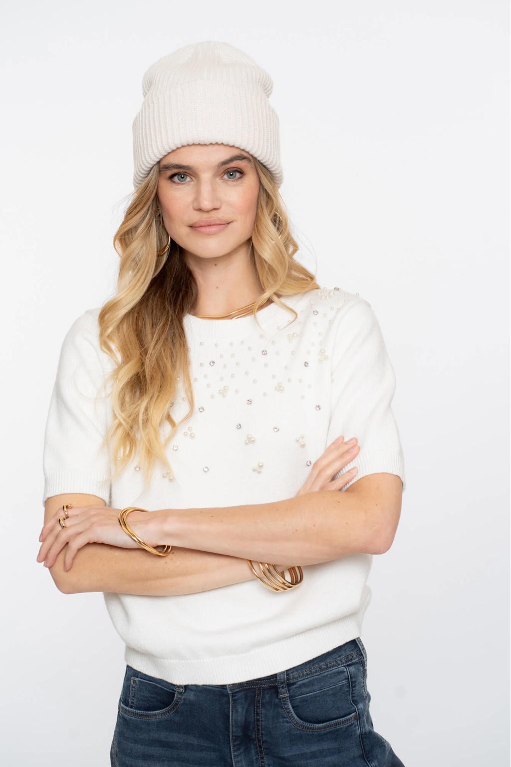 Ecru dames Geisha gebreide top van polyester met effen, korte mouwen, ronde hals en strass steentjes