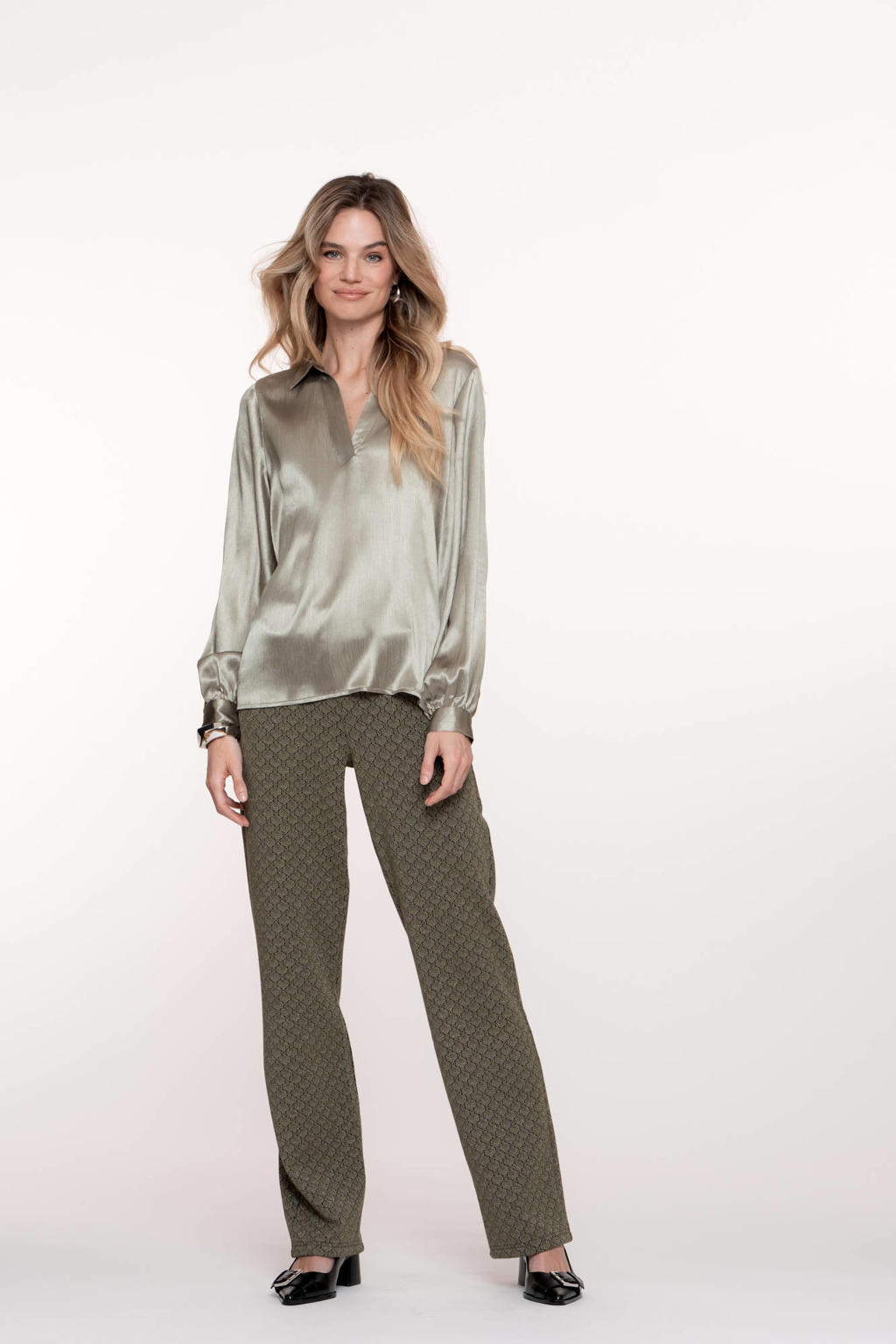 Groene dames Geisha blousetop van polyester met effen, lange mouwen en klassieke kraag