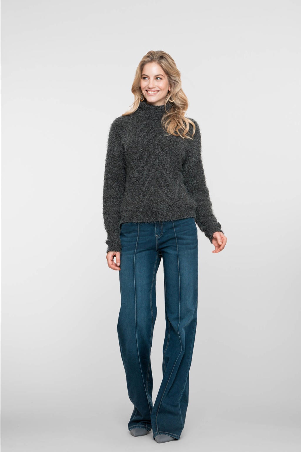 Dark blue denim dames Geisha high waist flared jeans dark blue van denim met rits- en knoopsluiting en effen