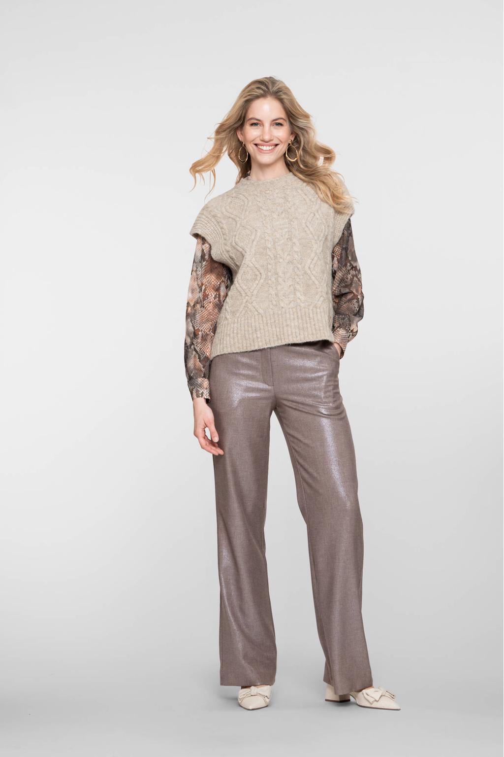 Taupe dames Geisha straight regular waist pantalon van polyester met rits- en knoopsluiting en effen