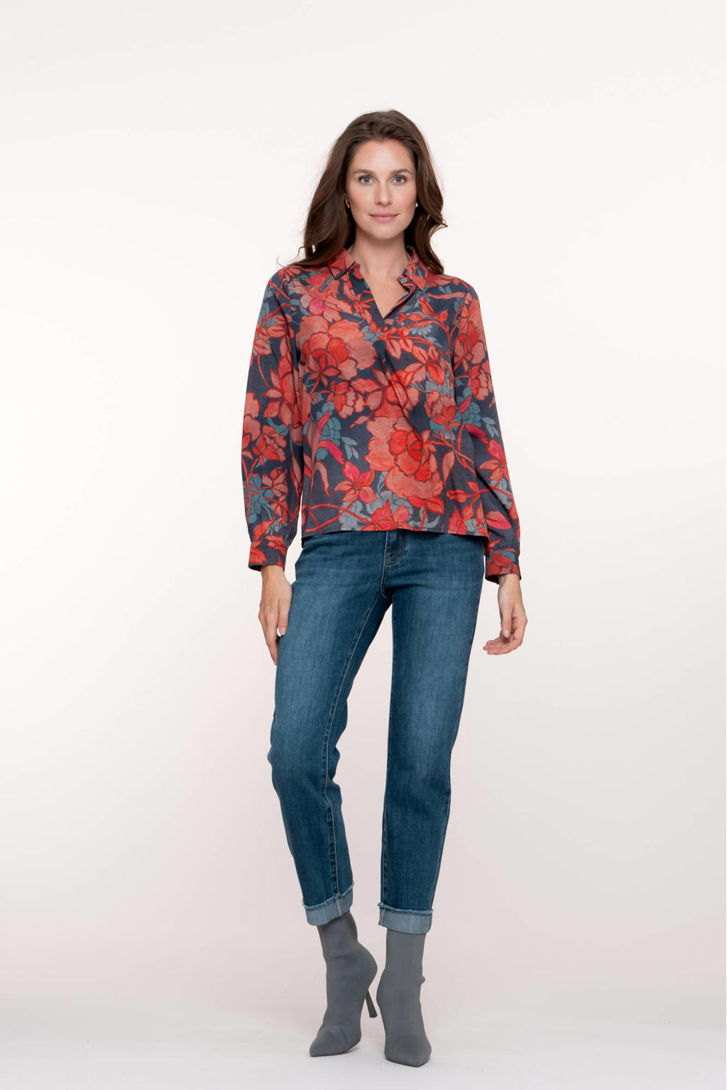 Medium blue denim dames Geisha high waist slim fit jeans van katoen met effen